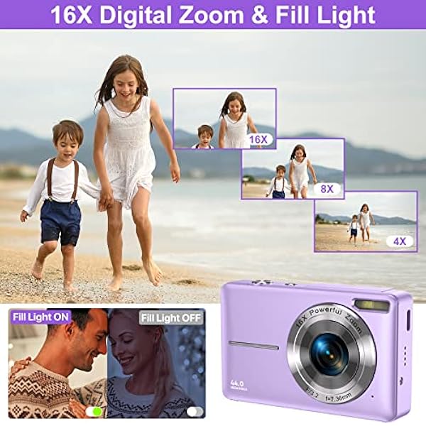 Macchina Fotografica Digitale con Scheda da 32GB, 1080P Fotocamera Digitale 44MP Macchina Fotografica Compatta con Zoom Digitale 16X e 2 Batterie per Ragazzi, Ragazze, Adolescenti e Principianti-Viola
