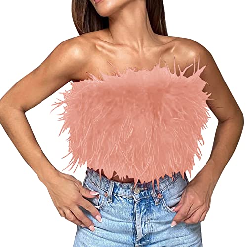 Women's Sexy Feather Crop Tops Furry Faux Fur Strapless Tube