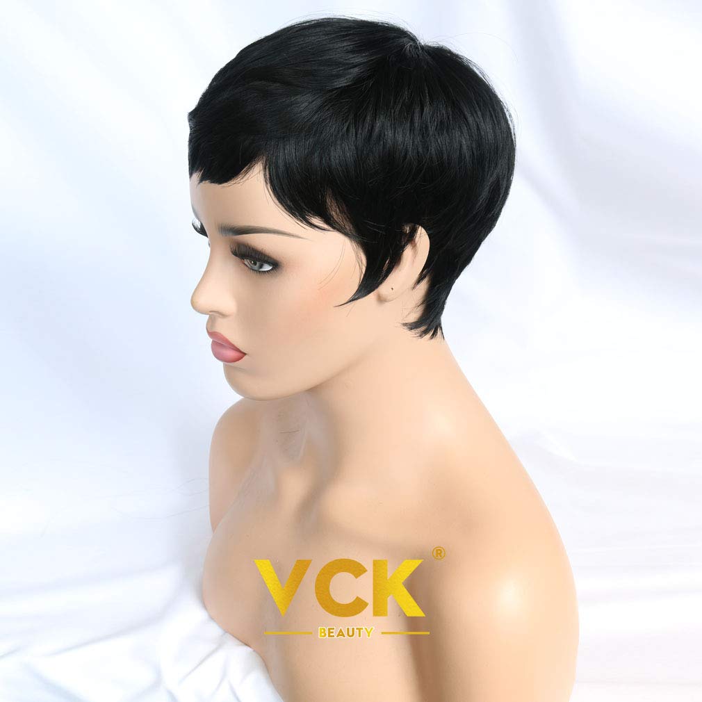 VCK Short Synthetic Hair Wigs Pixie Cut Wig for Black Women 1B Color