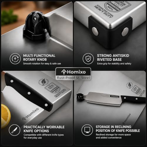 Image of HOMIXO Prima Cut & Chop Stainless Steel Chopping Board with Knife | Food Grade Steel Cutting Board | Heavy Duty Kitchen Cut and Chop Board with Rotary Knife Lock | Rust Proof Chopping Board