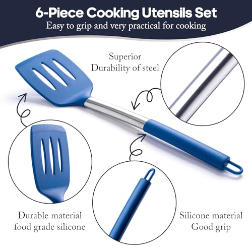 Silicone Kitchen Utensils Set - Culinary Couture 6-Pieces Blue Silicone Cooking Utensils Set for Nonstick Cookware - Stainless Steel Handle - Thumbnail 3
