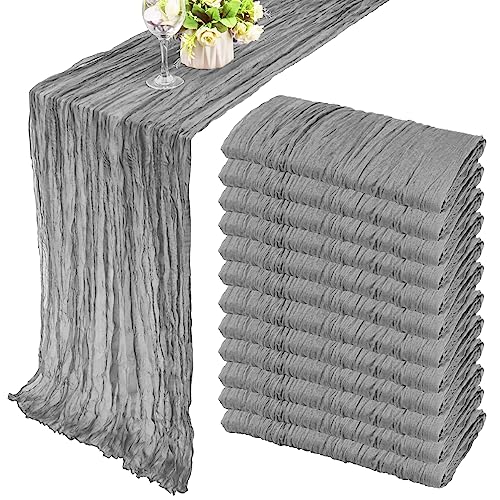 12 Pack 10Ft Cheesecloth Boho Gauze Table Runner - 35x120 Inch Rustic Cheese Cloth Long Table Runner for Wedding, Bridal Shower, Birthday Party Decor (Gray)