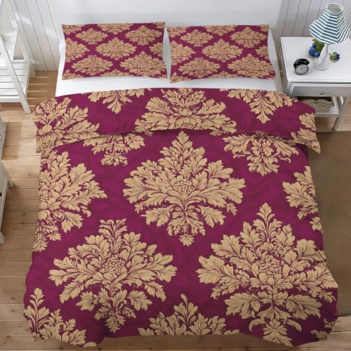 Housse de couette 220x240 bordeaux avec 2 taies d'oreiller motif baroque - 2