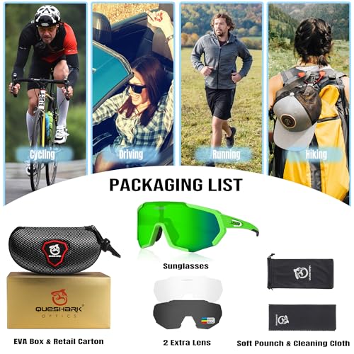 Image of Queshark Cycling Glasses, Sports Sunglasses for Men Women, 1 Polarized 2 HD Lens, Polarized Sunglasses for Cycling Running
