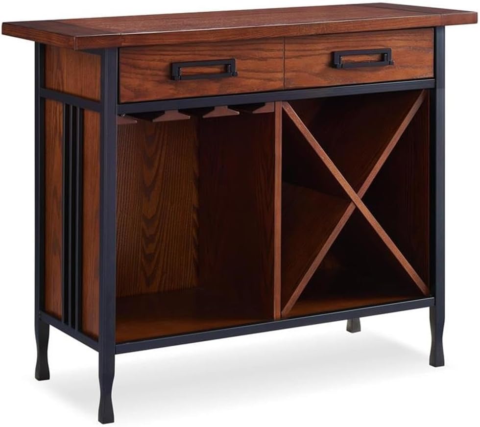Pemberly Row Home Ironcraft Sturdy Wood Mini-Bar/Wine Stand, 36"D x 15"W x 30"H, Oak Finish with Matte Black Steel, Drawer Storage, Stemware Racks, Bottle Storage, Display Shelf, Contemporary Style