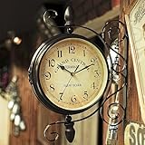 WHELPAW Double-Sided Clock, European Vintage Style with Metal Frame | 360° Rotatable, Silent Mechanism | Ideal for Living Room, Restaurants, Cafes, Bars | Battery Operated, Vintage Wall Clock