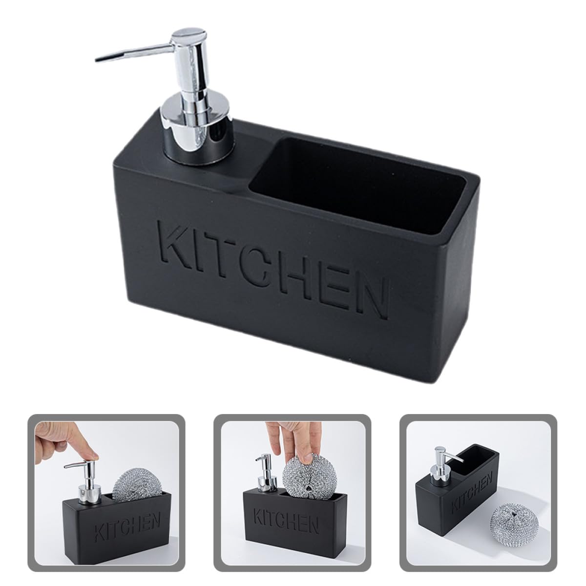 SHINEOFI Dispenser Sapone Cucina Nero in Resina e Plastico con Porta Spugna Integrato, Erogatore Liquido Facile da Ricaricare con Presa Antiscivolo per Uso Quotidiano
