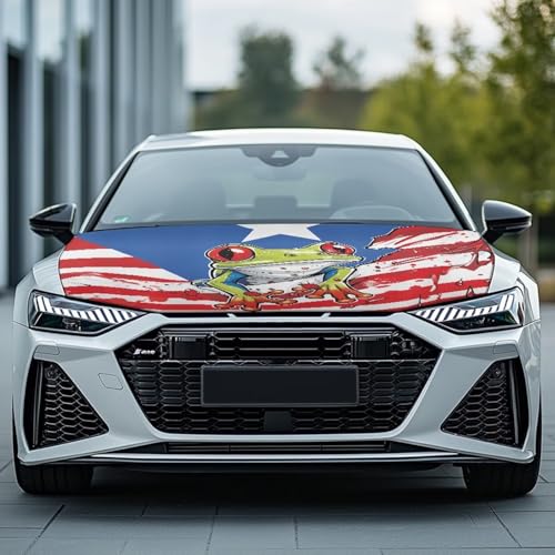 Image of Renewold Puerto Rico Flag Frog, Car Hood Cover Protector, Vehicle Hood Wrap Blanket, Women Men Automotive Exterior Accessories, Elastic for Outdoor Indoor