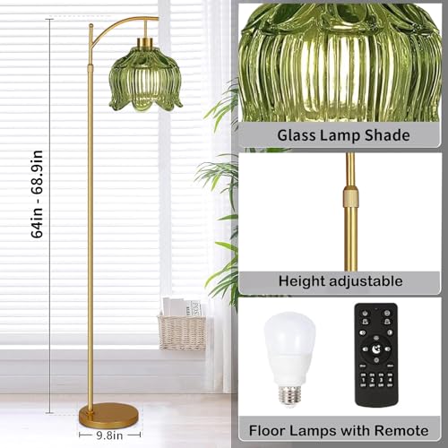 Image of QIYIZM Glass Floor Lamp for Living Room,Bedroom,Gold Dimmable Standing Lamp with Remote,Mid Century Modern Brass Tall Lamp Boho Vintage Floor Lamps Arc Green Tulip Flower Floor Light Lamp Bohemian