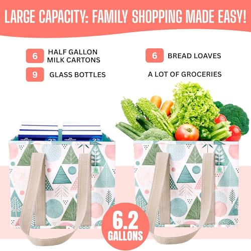 VENO 3 Pack Reusable Grocery Bags, Shopping Bags for Groceries, Tote with Handles and Hard Bottom, Foldable Shopping Cart Organizer, Water Resistant, Heavy-Duty (Pastel Forest, 6 Gallon) — view 5