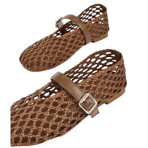 Women's Woven Ballet Flats Fishnet Ballerina Flats Wide Round Toe Mesh Mary Jane4