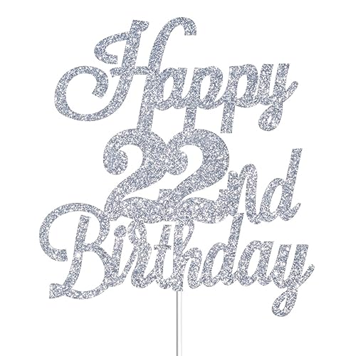 Happy 22nd Birthday Cake Toppers Silver Glitter, Cheers to 22 Years Old Bday Decoration 22nd Anniversary Cake Topper, Twenty-two Theme Cake Decorations for Birthday Anniversary Party