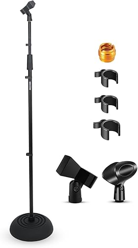 5 Core Soporte de micrófono de piso resistente altura ajustable 37.5-70 pulgadas Soportes de micrófono Pedestal Base redonda Soporte de micrófono