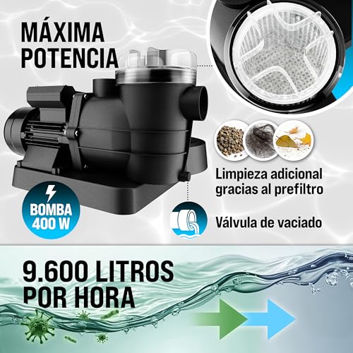 Miniatura 9 de Monzana Depuradora Piscina 9.600l H Filtro De Arena Hasta 30.000l Con Pre Filtro Válvula 7 Funciones Filtrado 400w Autocebante Adaptador Ø32-38mm Bomba Indicador De Presión