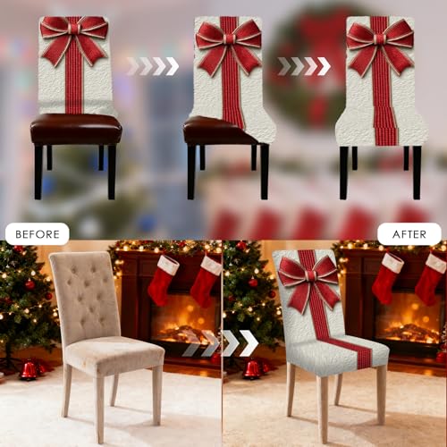 Image of Nuxovilar 6PCS Red Bow Elegant Stretch Chair Covers 23.6x70in | Holiday Slipcover Festive Protector Bow Wrap Seat Guard Dining Room Banquet Formal Party (Red Bow Elegant)