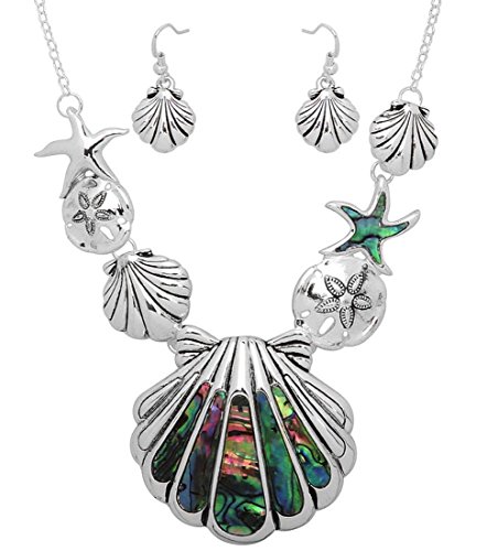 Silver Tone Gorgeous Necklace and Earrings Set Abalone Shell Sand Dollar Starfish Seashell