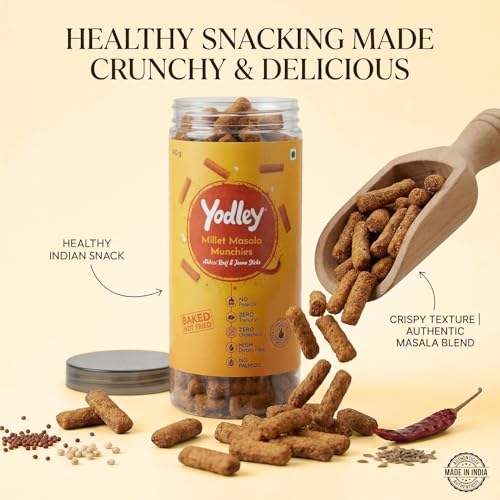 Image of Yodley Millet Masala Munchies - Tangy Achari Flavour | Baked, Not Fried | No Maida, No Palm Oil | Zero Cholesterol | Zero Trans Fat & High In Fiber | Calcium & Iron Rich | Healthy Indian Snack - 150gm
