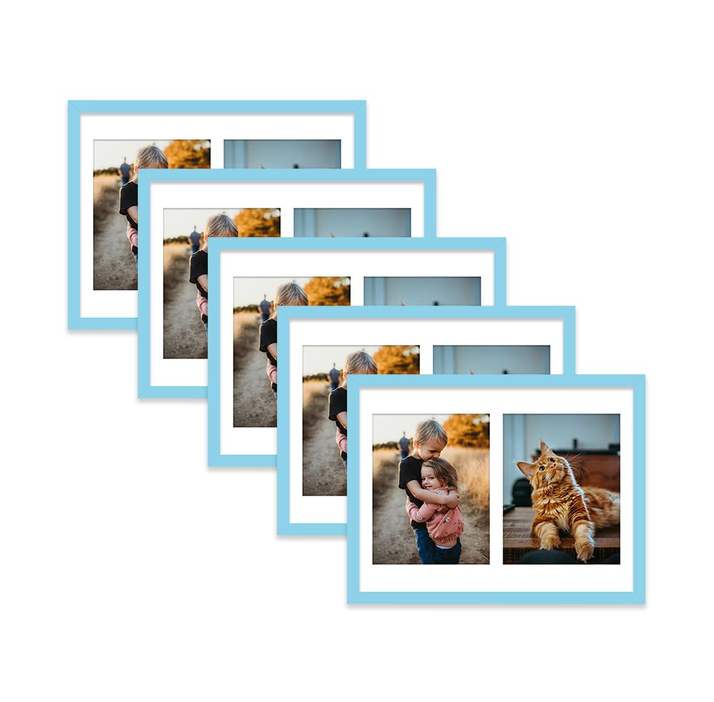 Light Blue Multi Photo Frame - Holds 2 x 9x7 Pictures, Family Collage Picture Frame for Wall Display, 16x12 Frame size, Set of 5