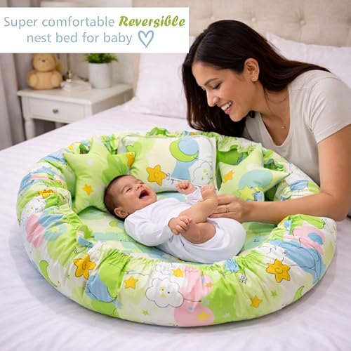 Image of Fareto Combo of Baby Nest | Net with Bed | Carry Bag | 4 Pcs Bedding Set(0-6 Months) (Fullset Nest) (New Star Green)