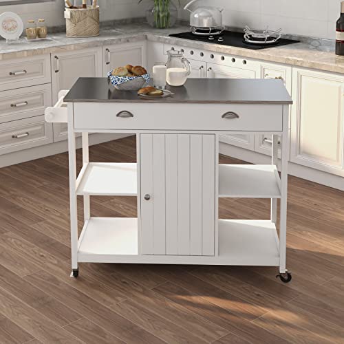 Rasoo Kitchen Island Cart Rolling Trolley Cart White Stainless Steel Top With Open Shelves And Drawers Mobile Kitchen Carts Storage On Wheel #TOP3