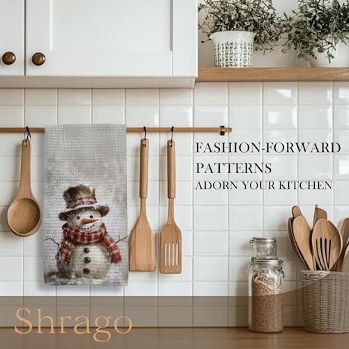 Image of Vintage Christmas Snowman Kitchen Towels, Christmas Winter Dish Tea Towels for Kitchen, Rustic Xmas Winter Snowman Decorative Hand Towel for Bathroom Decor, 16x24 Inch