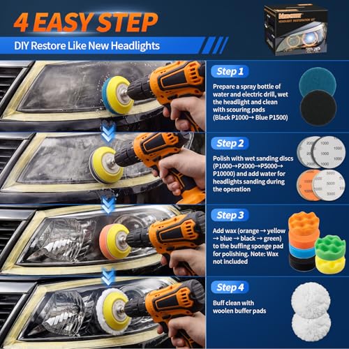 Image of VIBRATITE 41PCS Headlight Restoration Kit, 3 inch Drill Sanding & Polishing Kit | Removes Cloudy Headlights, Oxidation, Yellowing and Minor Scratches, Restorer to Like-New Condition