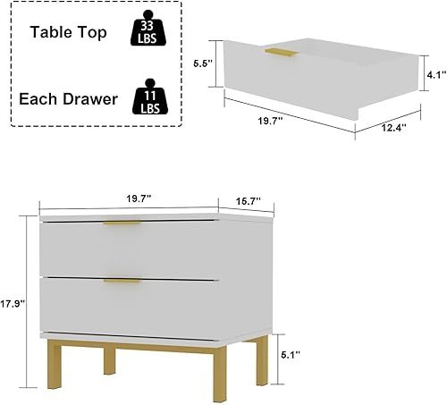 Miniatura 2 de MOUMON Mesita de noche pequeña con 2 cajones, moderna mesa auxiliar con patas de marco de metal dorado, para dormitorio, color blanco (19.7 pulgadas
