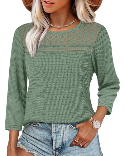 Aokosor 3/4 Sleeve Tops for Womens Lace Blouse Ladies Crew Neck Tunic Shirts Casual Loose Fit Womens Tops Green Size 22-24