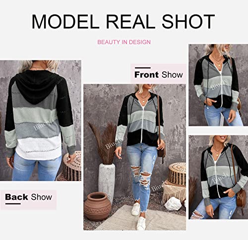 Shewin Womens Stripes Color Block Lightweight Knit Sweater Long Sleeve Drawstring Zip Up Hoodie Jacket Casual Zipper Sweatshirts Fall Sweaters For Women 2023 Black S #TOP2