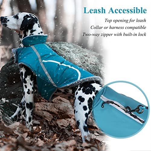 VIVAGLORY Cold Weather Dog Coat, Reflective Snow proof Windproof Thick Warm Winter Dog Jacket Clothes with Furry Collar, Water Resistant Cozy Adjustable Pets Apparel for Medium Dogs, Turquoise, M