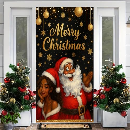 Image of BlissYard Christmas Door Cover Santa Ornaments 35x71 Inch Polyester