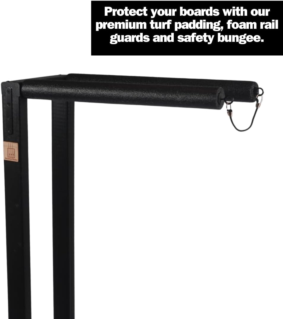 Freestanding Surfboard Display Rack - Durable Wood and Premium Turf Base with Safety Bungee (Blackout, 1 Board)
