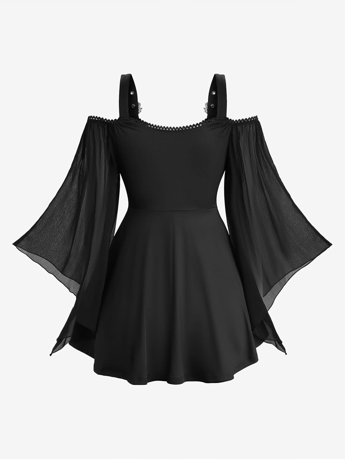 Rosegal Plus Size Women Gothic T-Shirt 2 in 1 Top Cold Shoulder Chiffon Bell Sleeves Rose Flower Print Lace Up Flowy Top