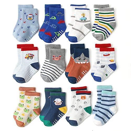 Fly love 12 Pack Babies Anti Skid Ankle Socks Baby Toddler Grip Crew Non Slip Cotton Socks Boys Girls