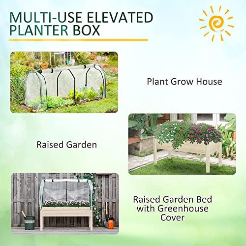 Outsunny Raised Garden Bed with PE Greenhouse Cover Outdoor Elevated Wood Planter Box for Herbs and Vegetables, Use for Patio, Backyard, Balcony, 121 x 55 x 117cm