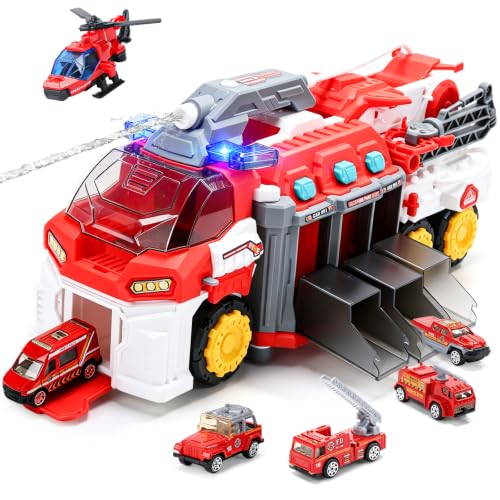 CUTE STONE Large Fire Truck Firefighter Toy Fireman Toy with Sprinkler Pump, Ladder, Mini Cars, Lights & Sounds