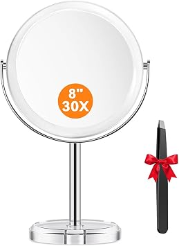 Auxmir 30X Magnifying Mirror with Tweezers, 8'' Double Sided 30X/1X Magnifying Makeup Mirror with Stand, 360  Rotation Bathroom Vanity Mirrors for Shaving, Dressing Table, Desktop, Bedroom
