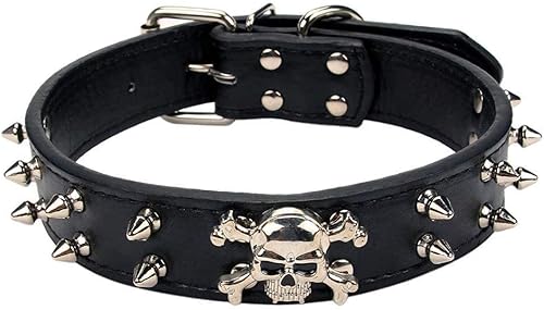 Miniatura 5 de Collar de perro de cuero con pinchos, 2 filas de remaches de bala con tachuelas de piel sintética, collar de calavera fresca para perros medianos