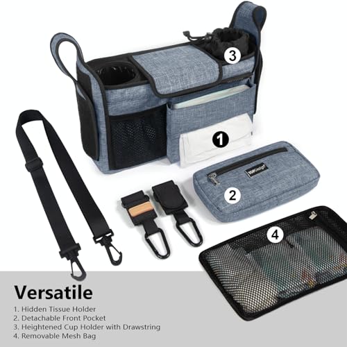 Image of TOPDesign Universal Baby Stroller Organizer, Stroller Caddy with Detachable Mesh Bag & Heightened Insulated Cup Holders & Non-Slip Secure Hooks Accessories, Fits Most Strollers (Blue)