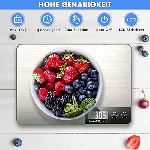 NBPOWER Küchenwaage Digital, 15KG Digitale Küchenwaage Edelstahl, Digitalwaage mit Großem LCD Display -1g Genauigkeit – Bild 3
