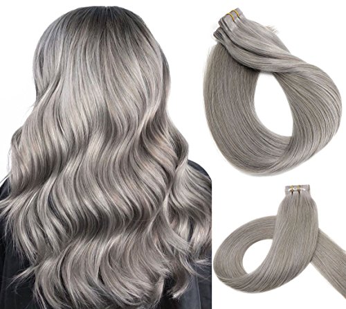 Vario Hair Tape In Real Human Hair Extensions 7A Silk Straight Skin Weft Extensions 100% Human Hair extensions (18Inch 40g/20pcs #Silver Gray)