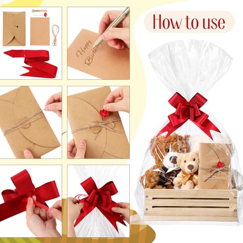 Image of Wonderjune Wooden Baskets for Back to School Gifts Empty Wood Basket with Cellophane Bag Ribbon Greeting Card for Birthday Baby Shower Wedding Housewarming Gifts Packaging(Wood,Small)