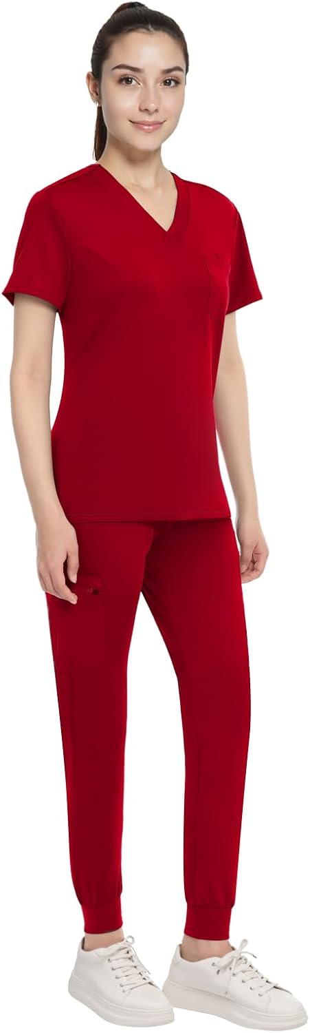 Women's 4-Way Stretch Scrubs Set - V-Neck Top & Joggers, Soft Anti-Wrinkle Medical