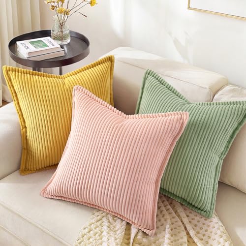 decorUhome Corduroy Sage Green Throw Pillow Covers 16x16 Set of 2 Decorative Soft Boho Striped Neutral Euro Farmhouse Couch Pillow Cases with Broadside for Living Room Bed Sofa