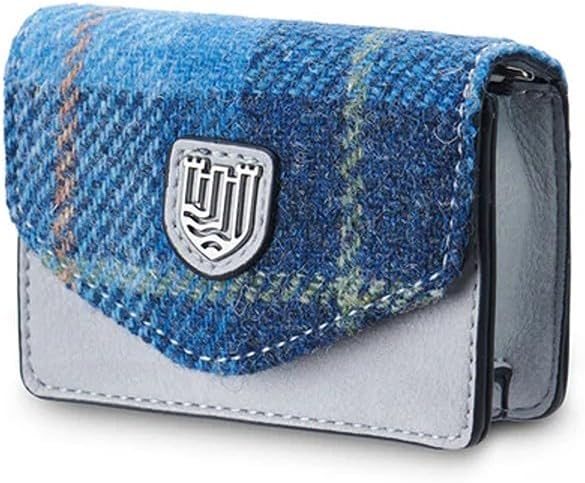 Islander The Card Case - Made of Microfibre Leather & Harris Tweed, 4.13'x3.14' (Chestnut and Blue Tartan)