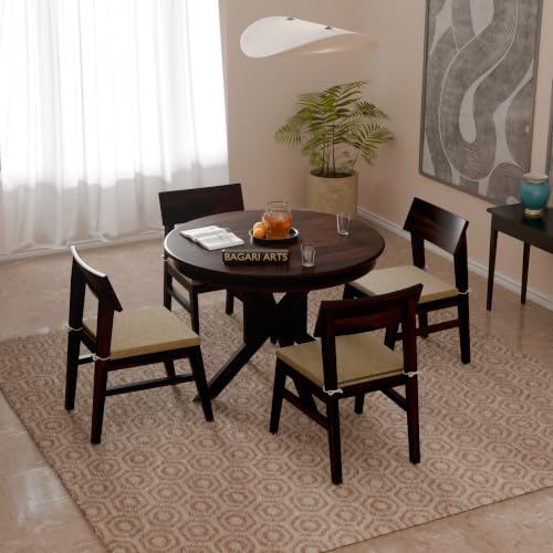 Image of Solid Sheesham Wood 4 Seater Round Dining Table Set with 4 Cream Cushioned Chairs | Wooden Dining Table Set for Home, Kitchen, Dining Room & Restaurant | Dining Table Set 4 Seater | Walnut Finish