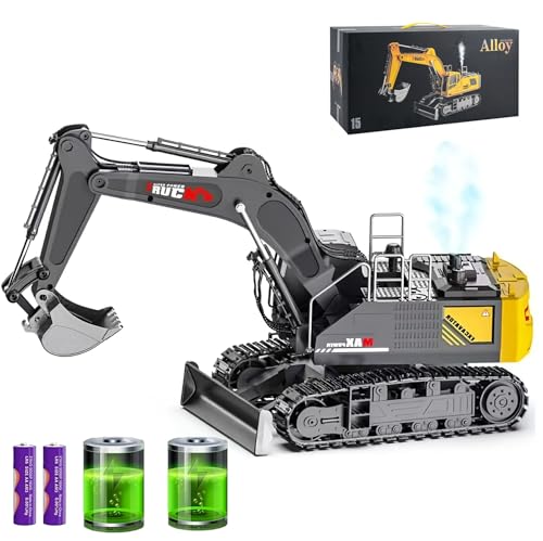 kkny 15 Channel RC Excavator Metal Shovel,RC Digger Construction Toys，Dozer Tractor,Simulated Smoke, Sound, Metal Digging Head, Best Gift for 3+ Old Boys Adults