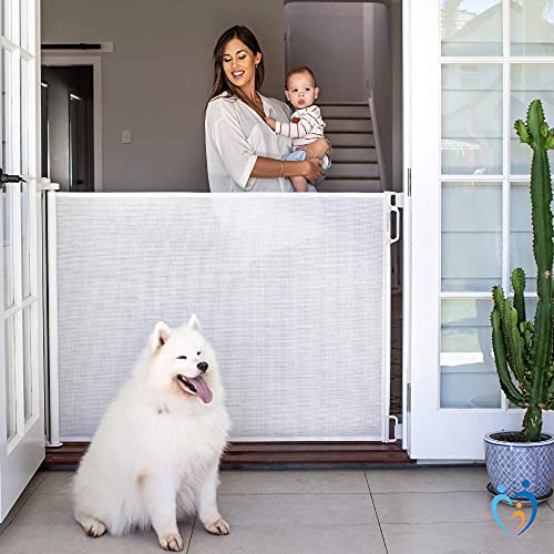 Perma Child Safety Indoor/Outdoor Retractable Baby Gate 41\" Tall, Extends to 71\" Wide, Gray