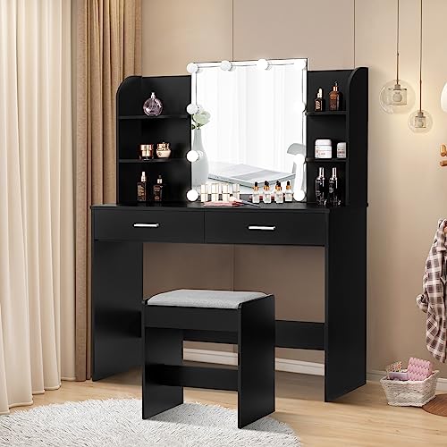 Usikey Vanity Desk, Makeup Vanity Table With 10 Led Light Bulbs, Vanity Table, Vanity Desk Set With 2 Drawers, 6 Storage Shelves & Cushioned Stool For Women Girls, Bedroom, Black #TOP2