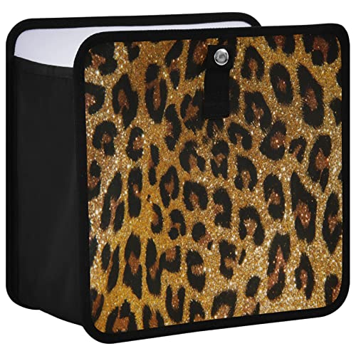 Image of Brown Leopard Print Car Trash Can, Foldable Hanging Car Trash Bag, Cheetah Golden Glitter Animal Skin Small Waterproof Car Accessories Garbage Bin